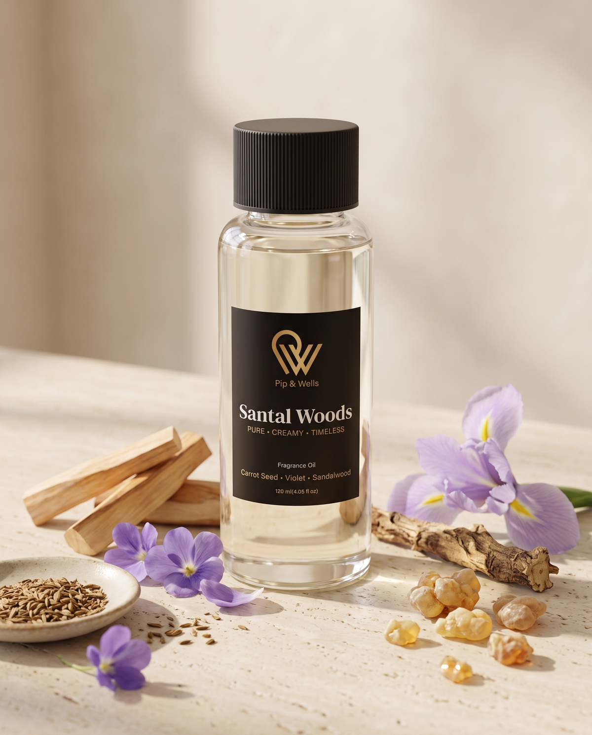 Flesje Pip & Wells Santal Woods geurolie 120 ml met de geurnoten sandelhout, wortelzaad, viooltje, iris en benzoëhars