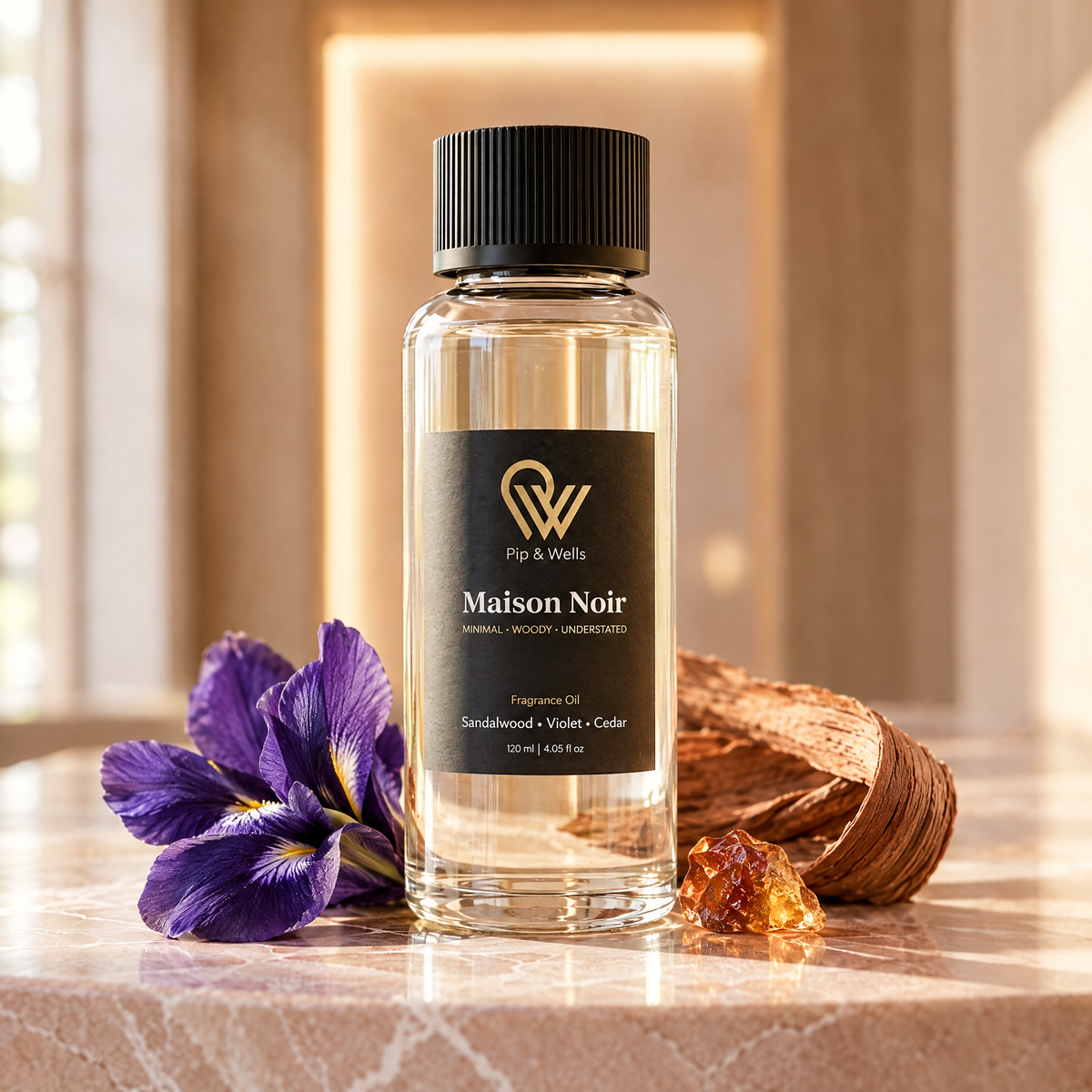 Close-up van Pip & Wells Maison Noir geurolie 120 ml met iris, cederhout en amberhars