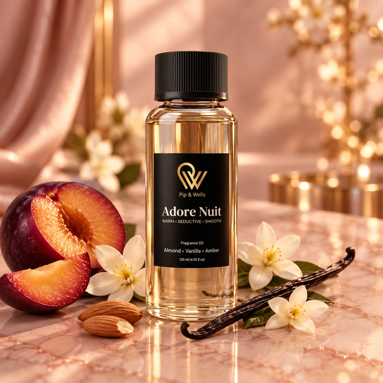 Pip & Wells Adore Nuit, huile parfumée 120 ml, flacon avec des éléments illustrant les notes parfumées