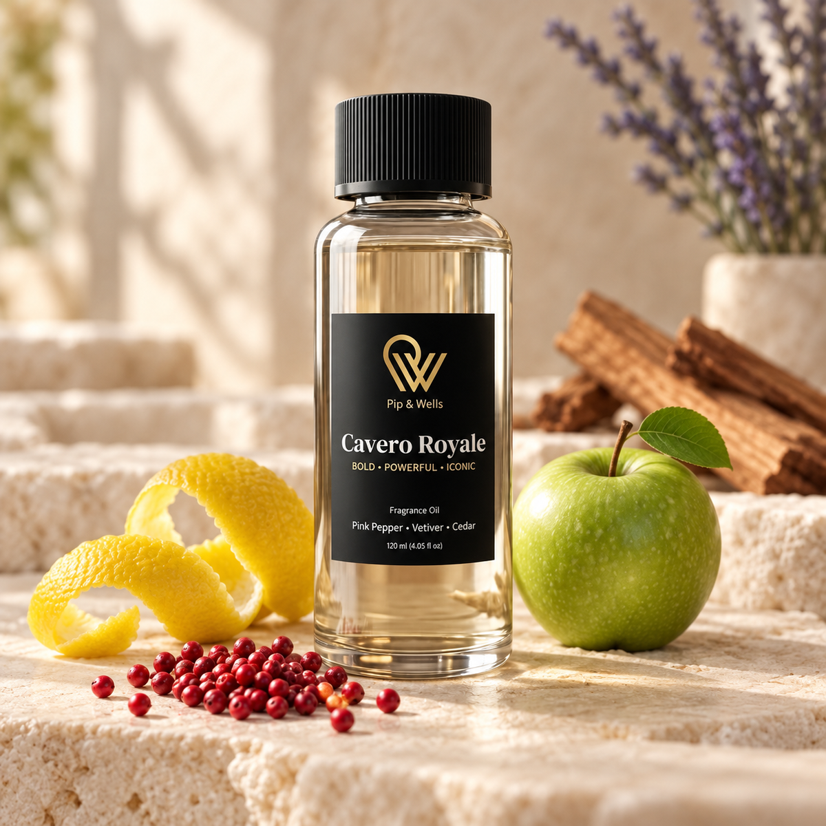 Flesje Pip & Wells Cavero Royale geurolie 120 ml met de geurnoten citroen, roze peper, appel, lavendel en ceder