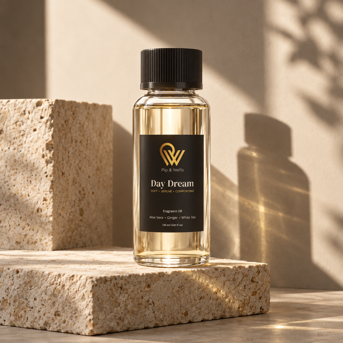 Fles Pip & Wells Day Dream geurolie van 120 ml op sculpturale stenen blokken in warm zonlicht