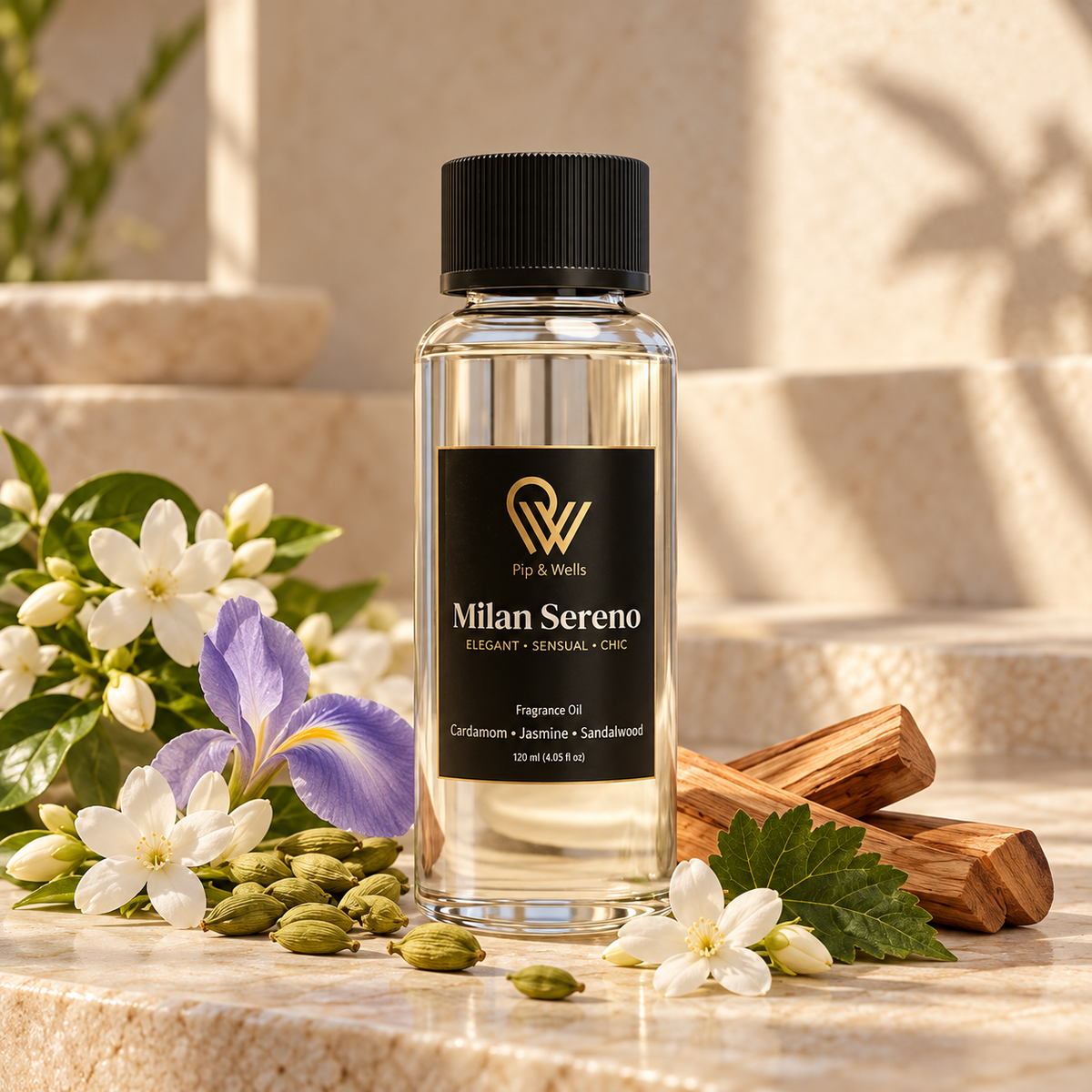 Flesje Pip & Wells Milan Sereno geurolie 120 ml met de geurnoten kardemom, jasmijn, iris en sandelhout