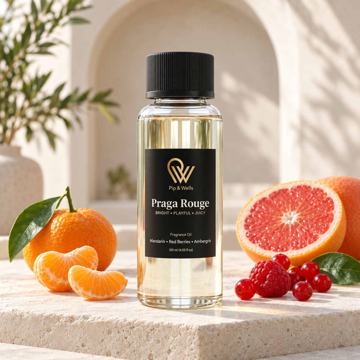 Flesje Pip & Wells Praga Rouge geurolie 120 ml met de geurnoten mandarijn, grapefruit en rode bessen