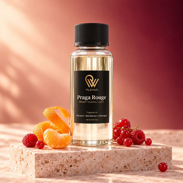Pip & Wells Praga Rouge, huile parfumée 120 ml, flacon avec des éléments illustrant les notes parfumées