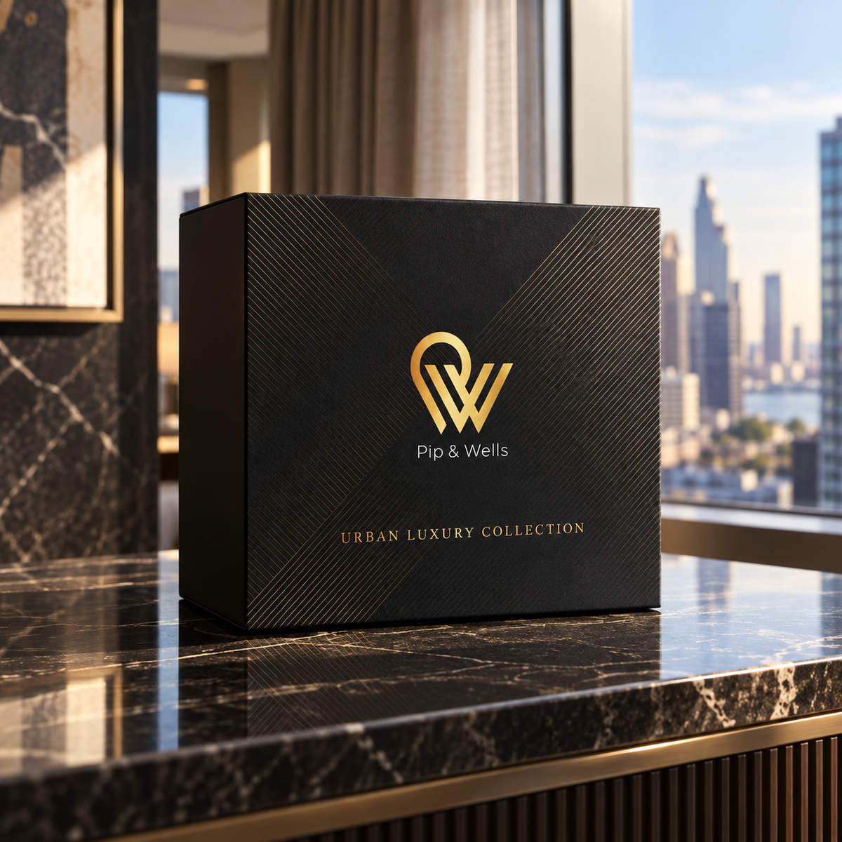 Zwarte Pip & Wells Urban Luxury Collection geschenkdoos op een marmeren consoletafel met uitzicht op de stad